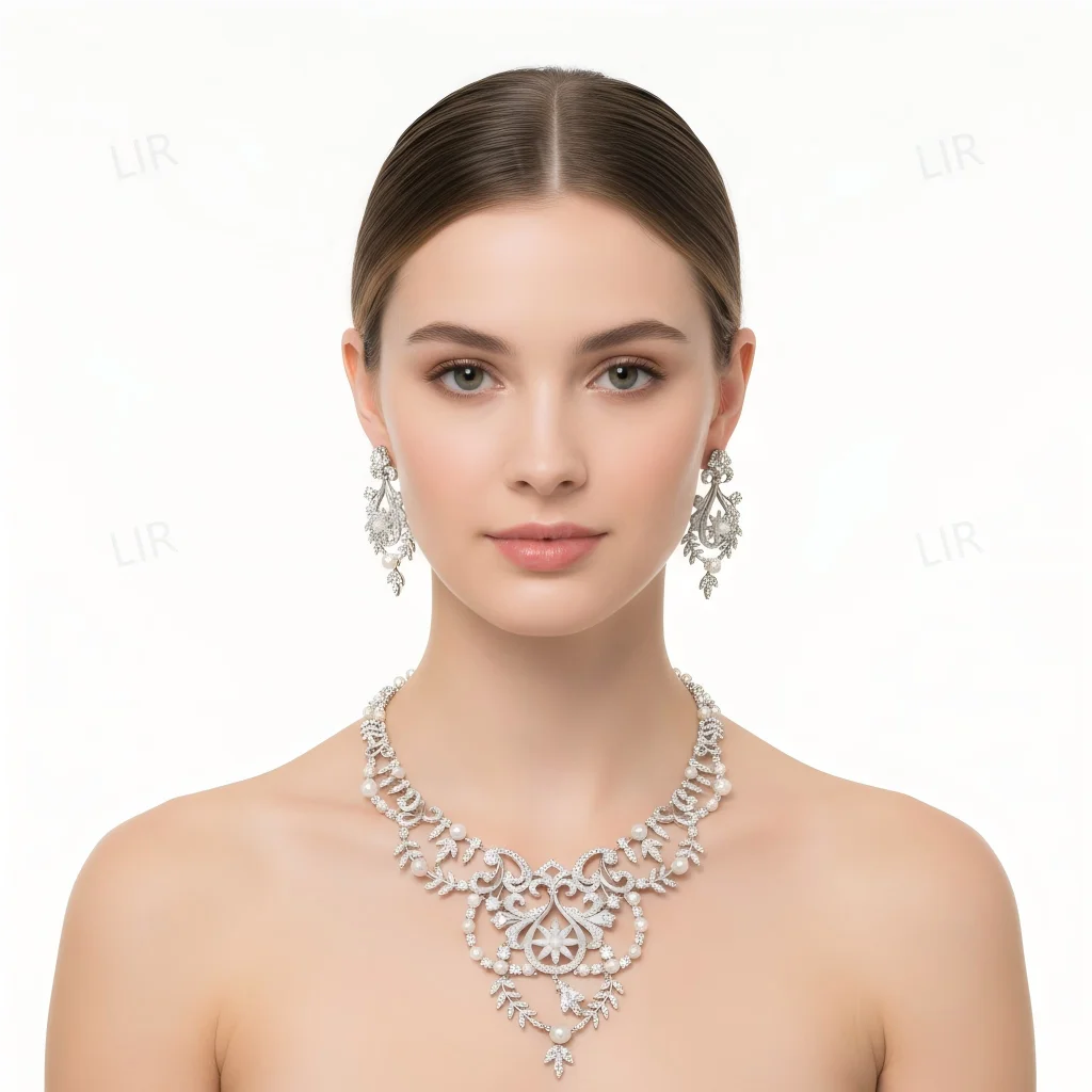 LIR Women's Custom Jewelry Set: Austrian Court Crown Gem Necklace, Sparkly Carved Wheat Ear Zircon Pearl Earrings