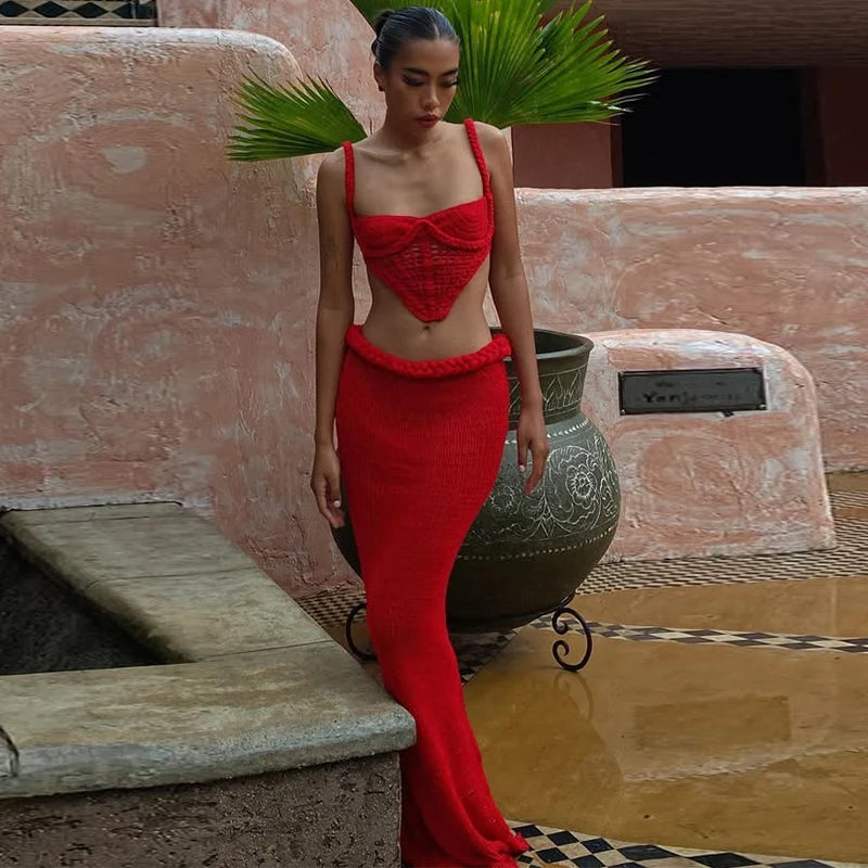 Sexy Knit Crop Tops Skirt Sets Women Sleeveless Backless Sling Tank Long Hip Package Skirts 2025 Holiday Beach 2 Piece Set Lady