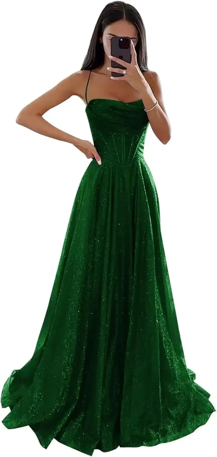 Spaghetti Straps Sleeveless Prom Dress for Women Long Shiny Tulle Formal Evening Party Gown with Slit Formal Dress Women Elegant