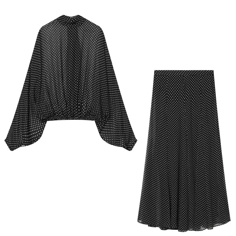 ETJ Women's Polka Dot Blouse Skirt Set 2026 Spring High Neck Batwing Sleeve Sheer Front Tie Bow Midi A-Line Dress Set