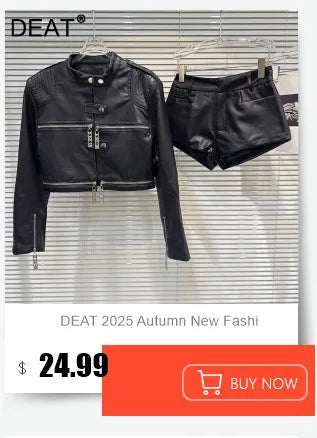 DEAT 2025 Autumn New Fashion Slim Fit Backless Lace One-Piece Camisole For Women Solid Color PU Leather Shorts Female 11A07083