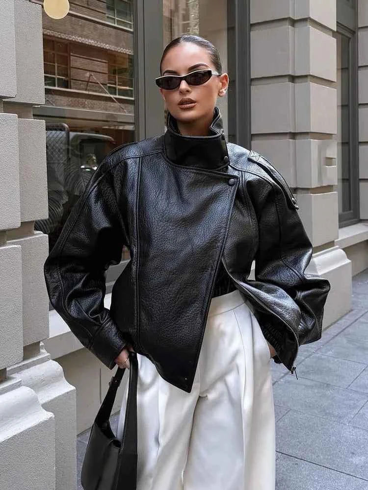 HH Women Autumn Elegant Street Style Coats Woman Asymmetric Button Pocket Long Sleeves Black Loose Zipper Slim Jackets