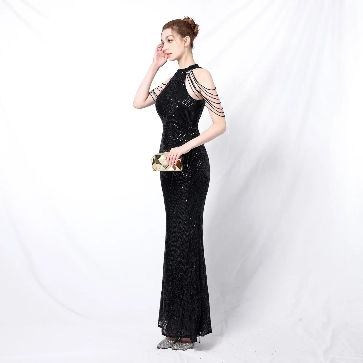 Xmas Sequin Maxi Dress Halter Neck Stripe Mermaid Long Lady Coctail Prom Dress Party Evening Dancing Performance Shimmering Wear