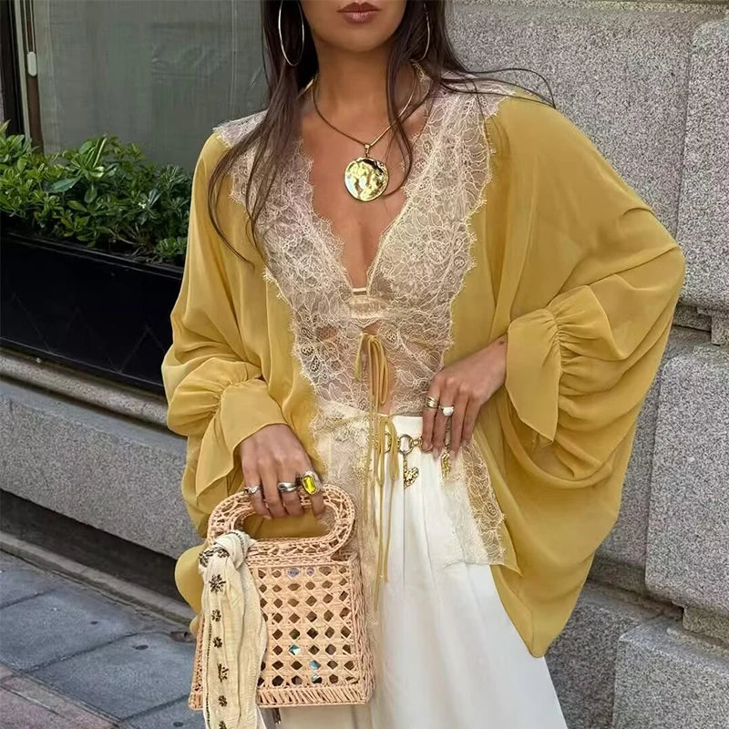 Women's Shirts Summe Fashion Splicing Lace Shirt Summe Women Loose Casual Shirts Female Blouses Chic Tops