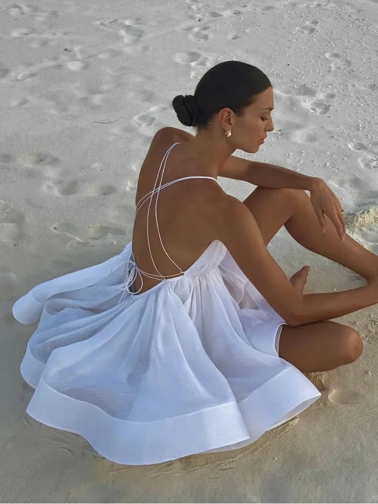 2025 Sexy Backless Lace Up Women's Sling Mini Dress Chic Solid High Waist Loose Pleated Hem Vestido Lady Summer Party Beachwear