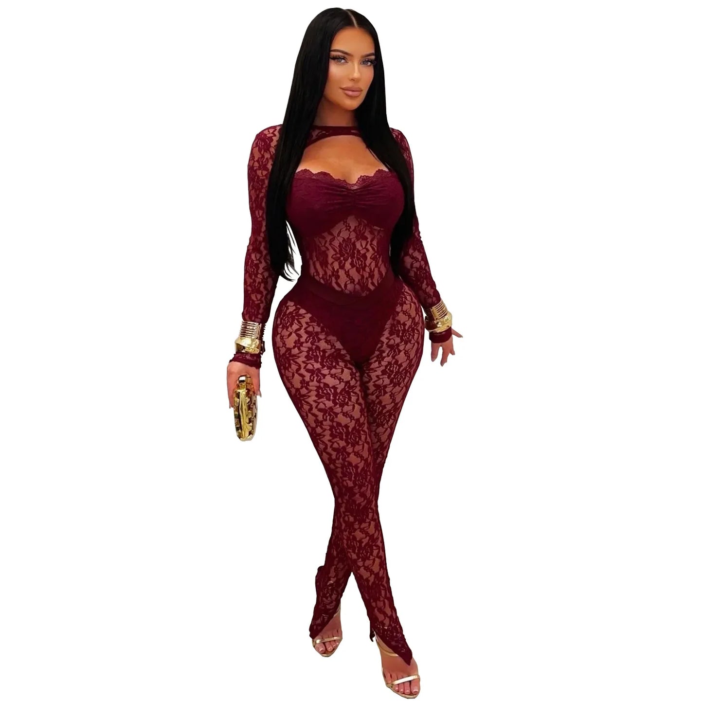 FLARORA Sexy Lace Hollow See Through Jumpsuits Woman O Neck Full Sleeve Peach Hip Slim Jumpsuit Midnight Party Clubwear Overalls