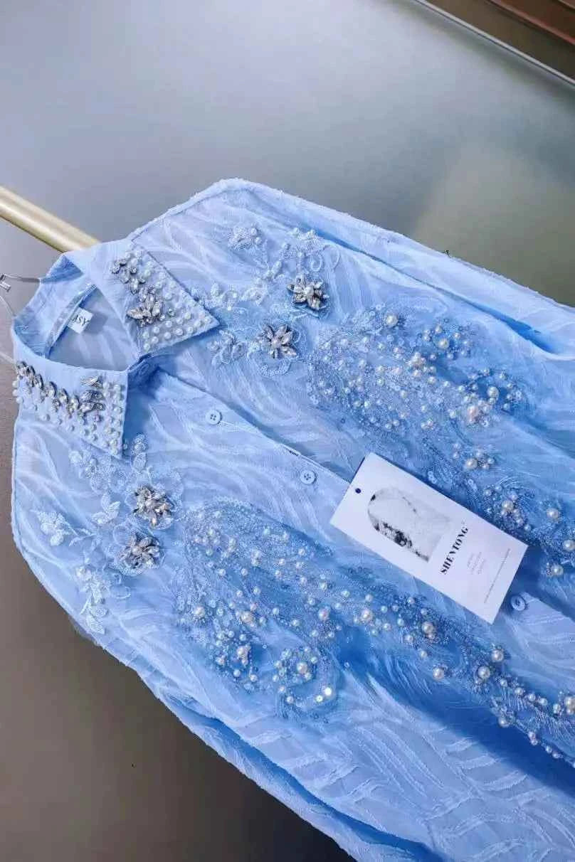 Luxury Pearls Beads Stitch Blue Blouses Shirts For Women 2025 Spring Summer New Fashion Trend Loose Casual Tops Blusas