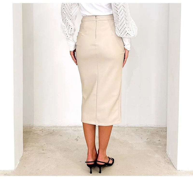 Women Midi Leather Skirt Sexy Split High Waist Zipper PU Front Slit Skirts Ladies Black Faux Leather Folded Skirt For Women