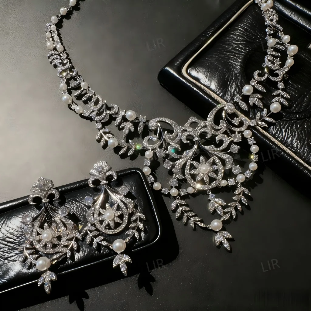 LIR Women's Custom Jewelry Set: Austrian Court Crown Gem Necklace, Sparkly Carved Wheat Ear Zircon Pearl Earrings