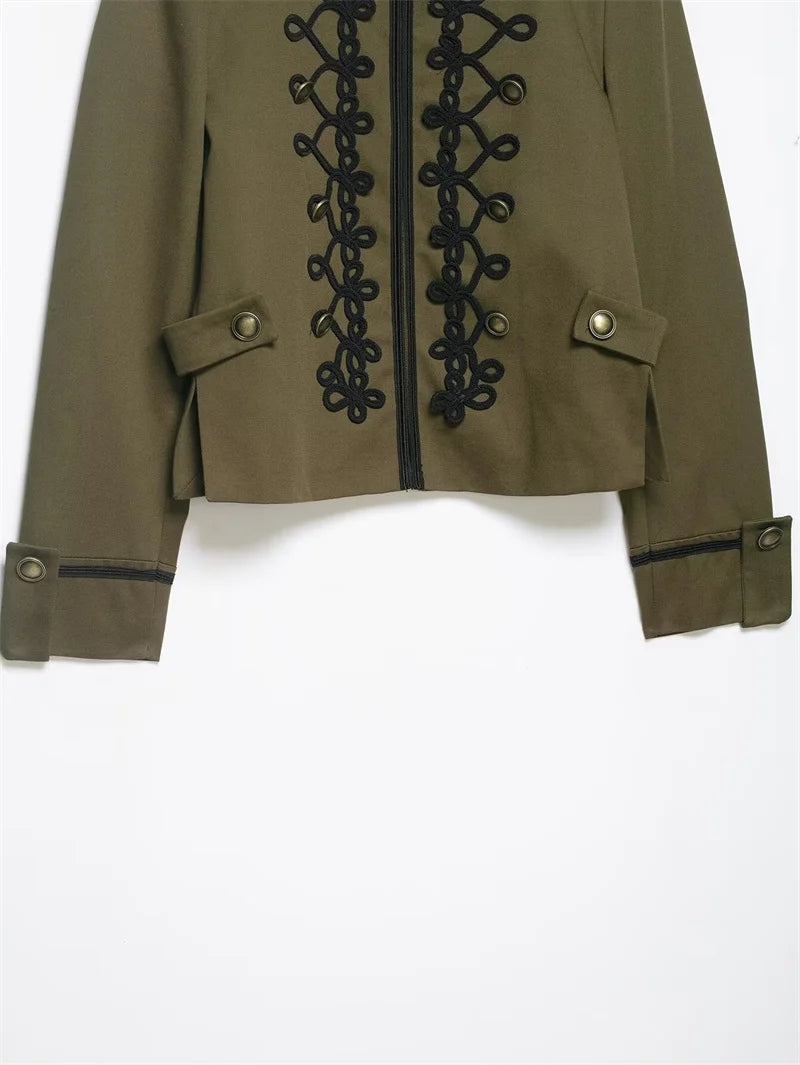Women's Jacket 2026 Spring New Solid Color Long Sleeve Rope Knot Button Napoleon Style Slim Jacket Fashionable and Unique