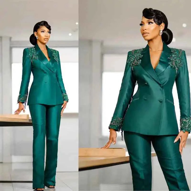 Fashion Crystals Women Suits 2 Pieces Double Breasted Office Ladies Work Pant Sets Beadeds Birthday Party Customized