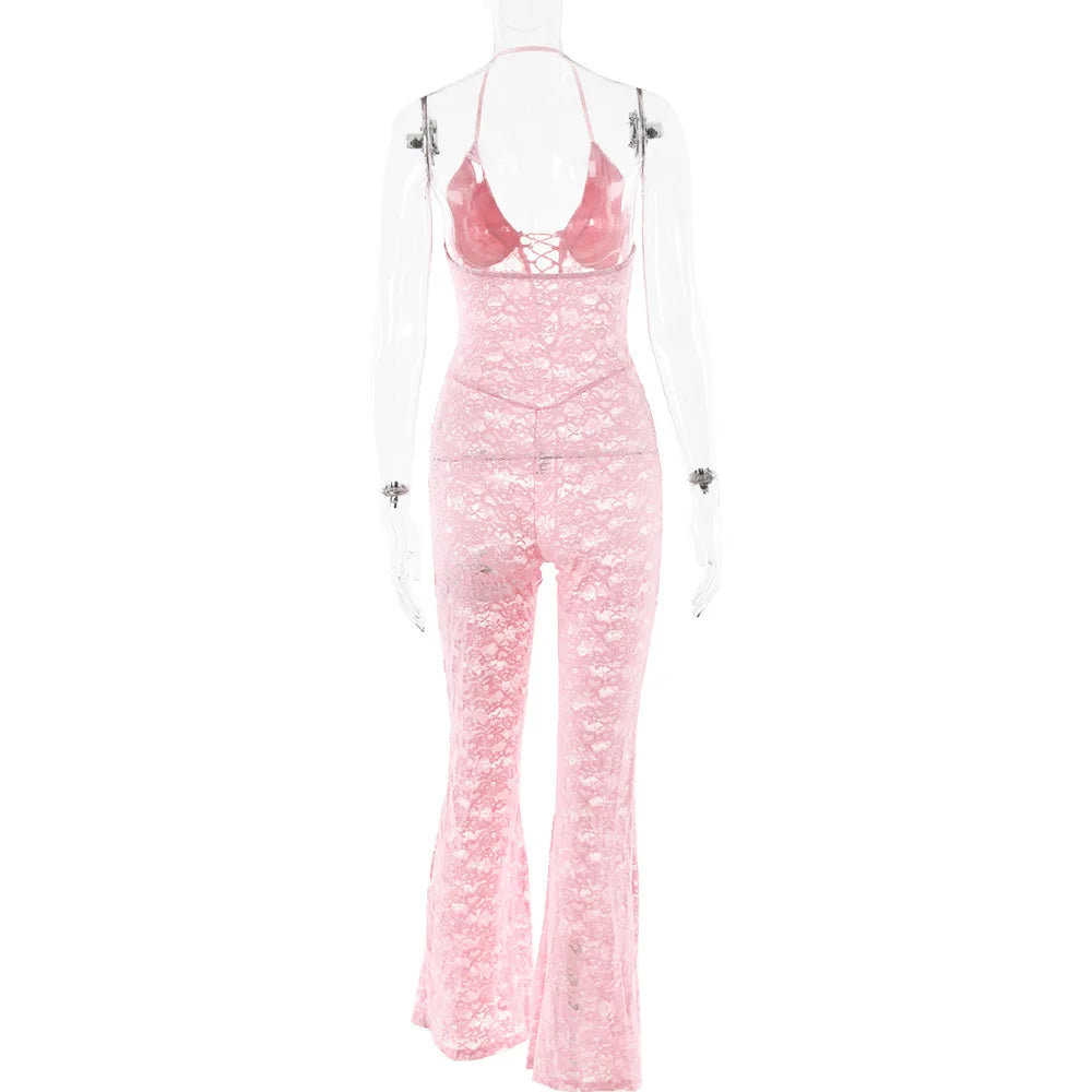 Women's New Sexy Fashion Hollow-Out Lace See-Through Backless Halter Slim Jumpsuit