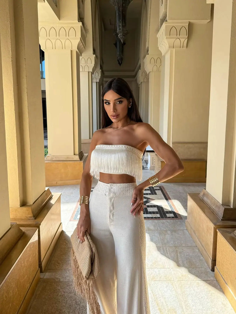 2025 New Sexy Tassel Two Piece Set With Pants Wide-Leg Pants Summer Women White Tube Top with Pants Suit Female