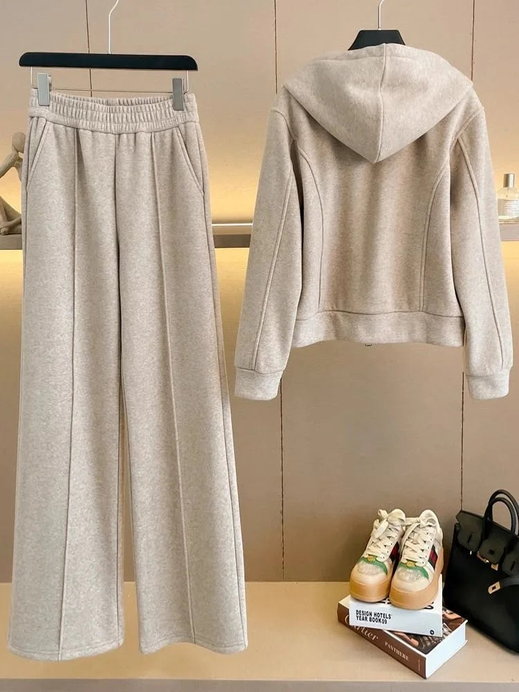 Women's Fleece Lined Thick Casual Sports Suit Set Hoodie Jacket Wide Leg Pants Two Piece Set Autumn Winter Fashion New Style
