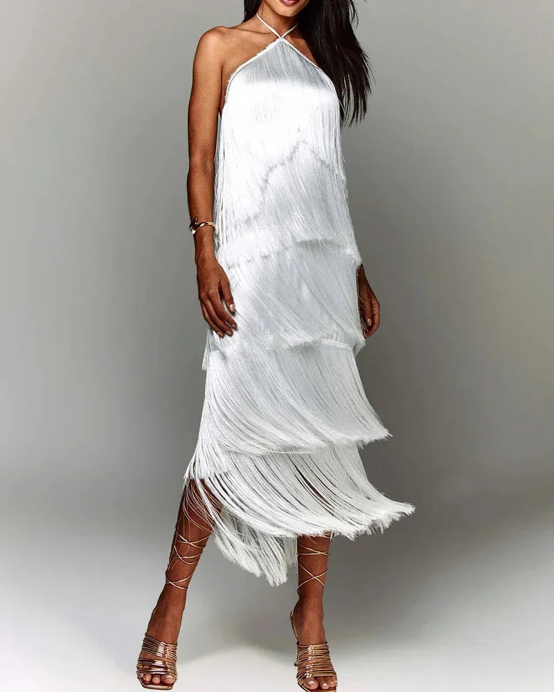 Fashion Neck Fringed Backless Slit Dress for Women