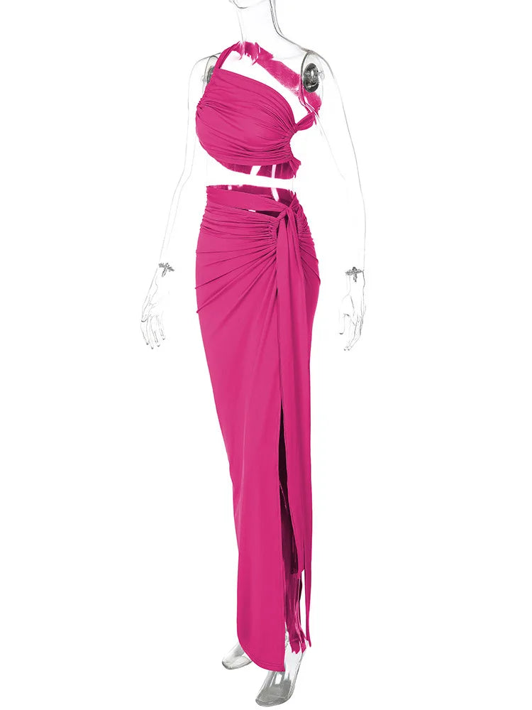 Ladies Spring 2 Pieces Sleeveless Backless Strap Spit Crop Top Side Slit Slim Fit Maxi Skirt Set Women Evening Party Clubwear