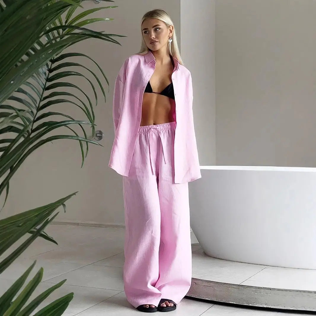 Conjunto casual de calças retas e soltas, moda primavera e outono, manga comprida, camisa de botão único, roupa chique