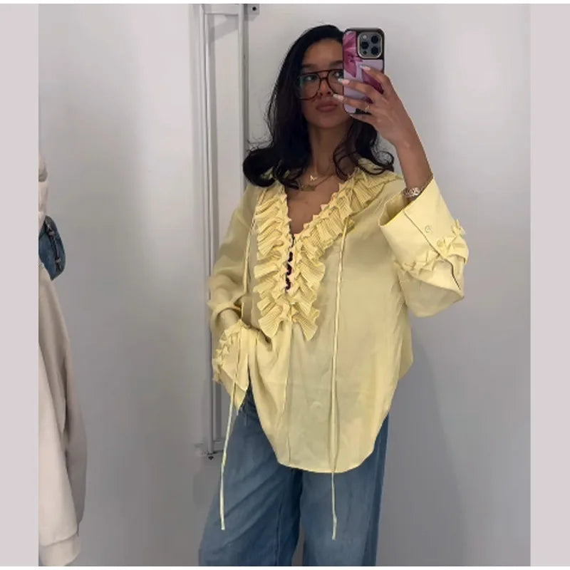 Blusa de chiffon com babados e manga comprida, blusa feminina casual solta, gola V, manga comprida, blusa de rua, primavera/verão 2025
