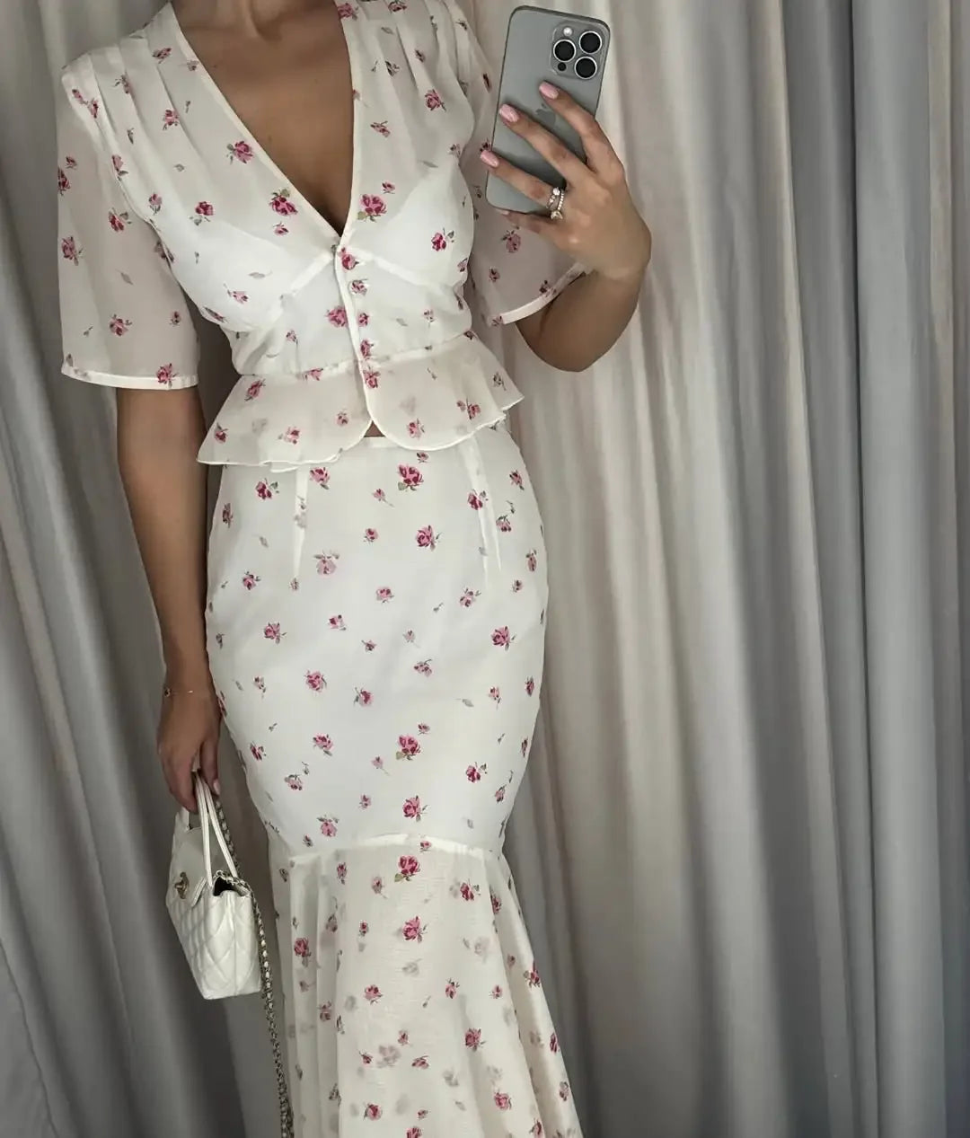 Women White Floral Print Maxi Dress V Neck Puff Sleeve Peplum Waist Fishtail Hem Chiffon Robe Elegant Party Wedding Guest Gown