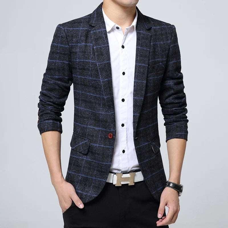 Blazer masculino casual de negócios, jaquetas slim fit, xadrez, casaco esportivo, primavera, outono, roupas masculinas, ternos de viagem, blazers