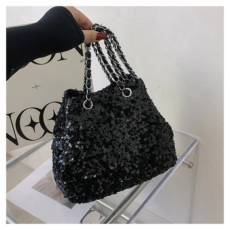Sparkling Sequins Bucket Shoulder Bags Sense of Luxury Large Capacity Fresh Crossbody Bags for Women 2024 Fashion Versatile Hot