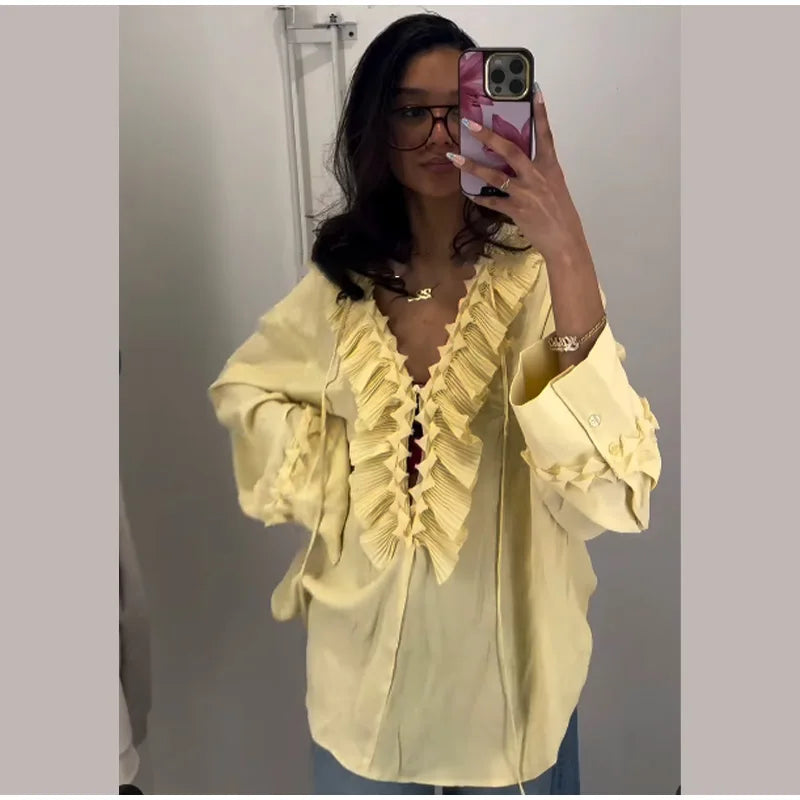 Blusa de chiffon com babados e manga comprida, blusa feminina casual solta, gola V, manga comprida, blusa de rua, primavera/verão 2025