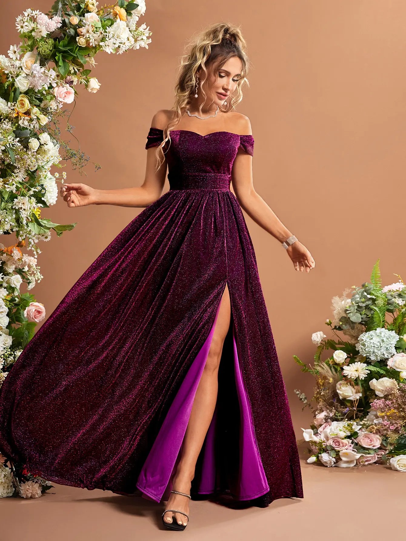 Off Shoulder Split Thigh Glitter Dress