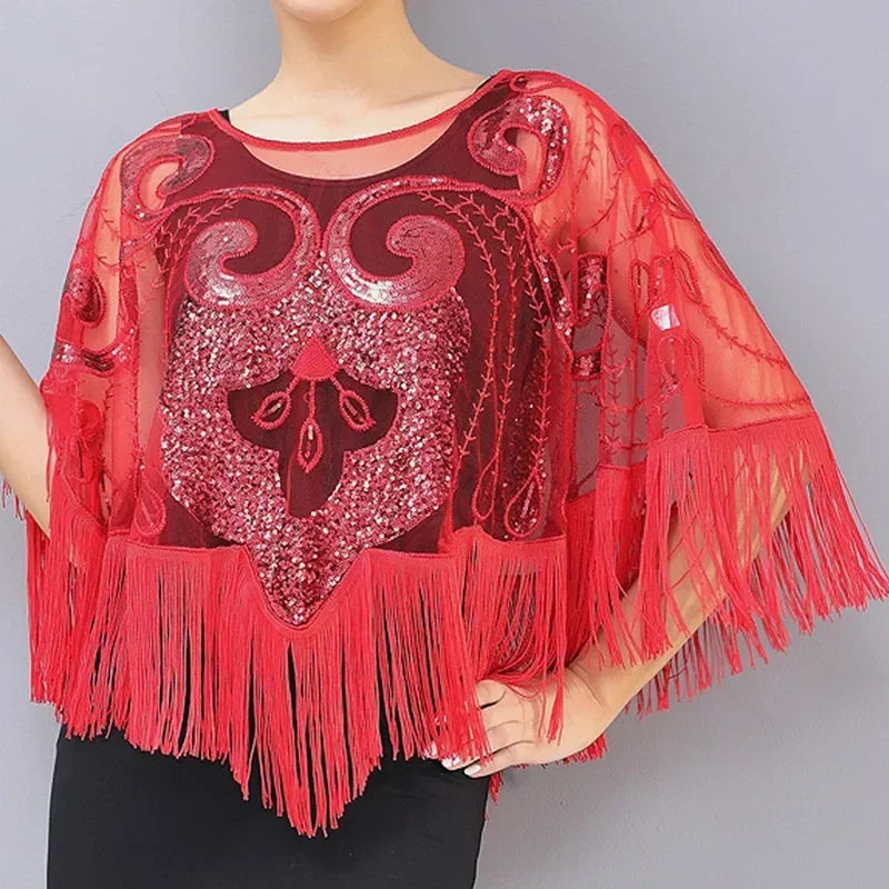 Summer Sequins Tassels Poncho Women Coat Party Outfits Cape Mesh Jacket Ladies Cloak Shawls Casaco Outerwear Wraps Woman Clothes