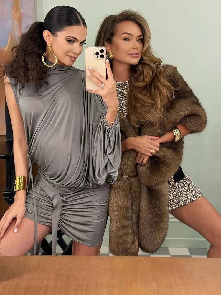 Weird Puss Sexy Irregular 2-Piece Set Women One shoulder Top+Shirring Ruched Peach Hip Skirt Matching Streetwear Elegant Outfits