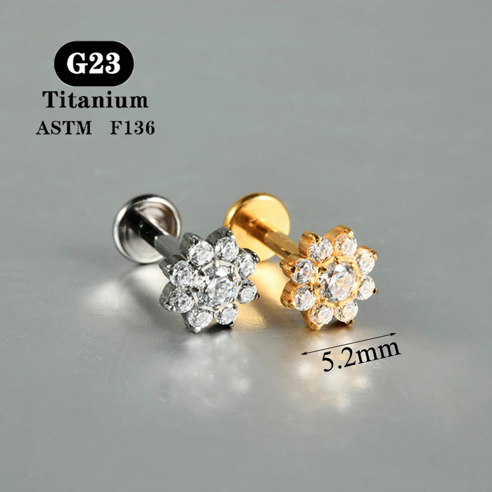 1PC ASTM F136 Titanium Zircon Flat Back Earring Flower Ear Studs Lobe Helix Tragus Cartilage Piercing Jewelry 16G
