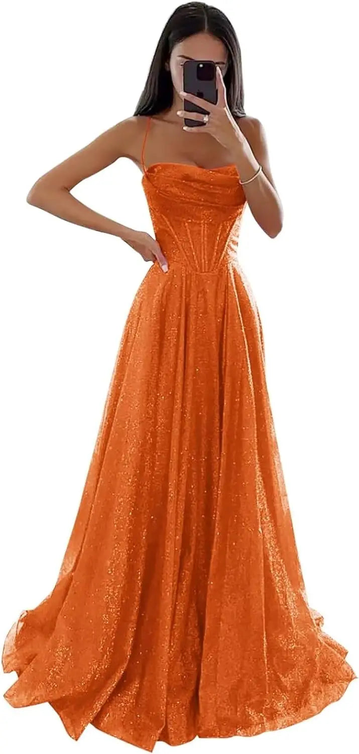 Spaghetti Straps Sleeveless Prom Dress for Women Long Shiny Tulle Formal Evening Party Gown with Slit Formal Dress Women Elegant