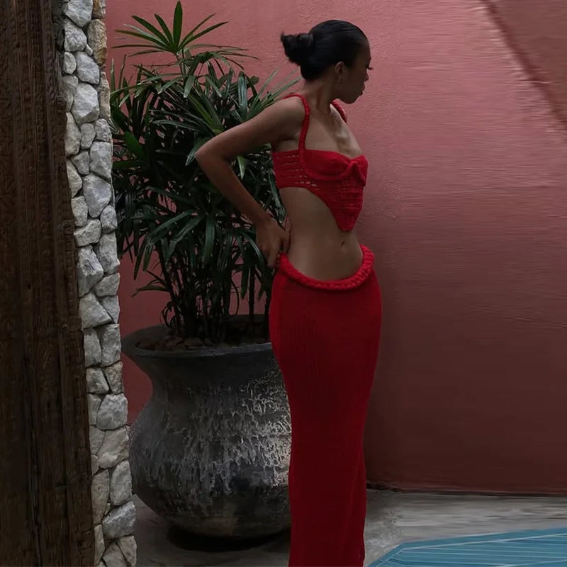 Sexy Knit Crop Tops Skirt Sets Women Sleeveless Backless Sling Tank Long Hip Package Skirts 2025 Holiday Beach 2 Piece Set Lady