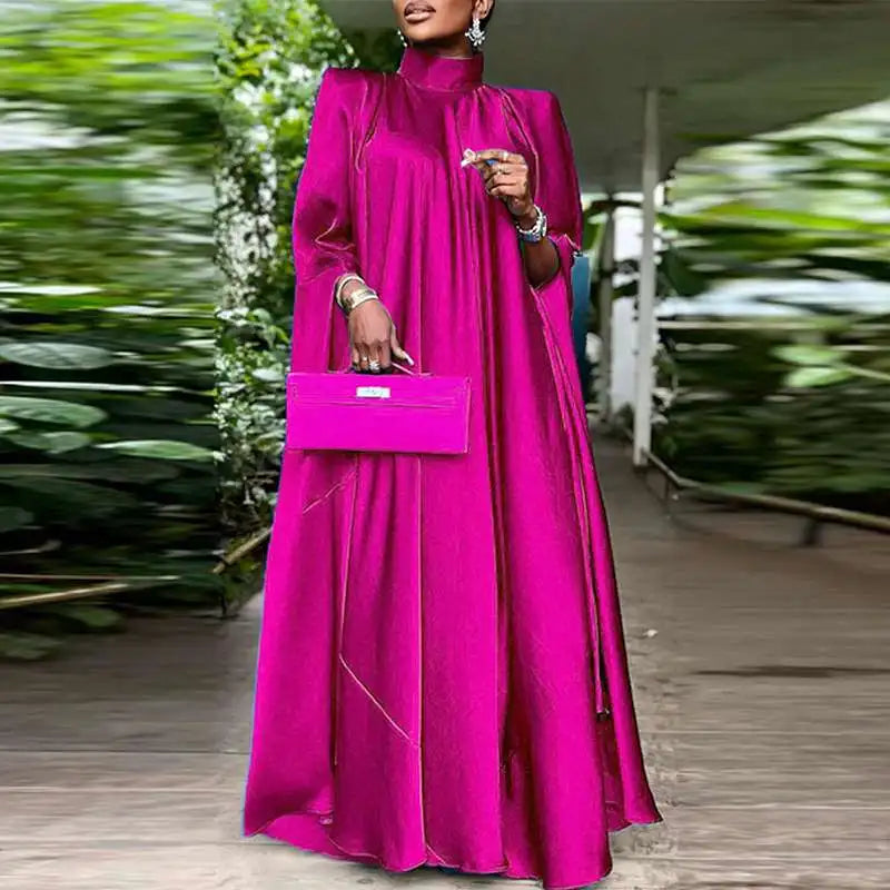 VONDA Women Elegant Satin Dress 2024 Fashion Long Bat Sleeve Stand Collar Evening Pleated Maxi Sundress Casual Solid Loose Robe