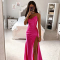 Women's Spring New Bra Shrink Pleated Split Satin Dress Sexy Slim Fit Wrap Hip Dress