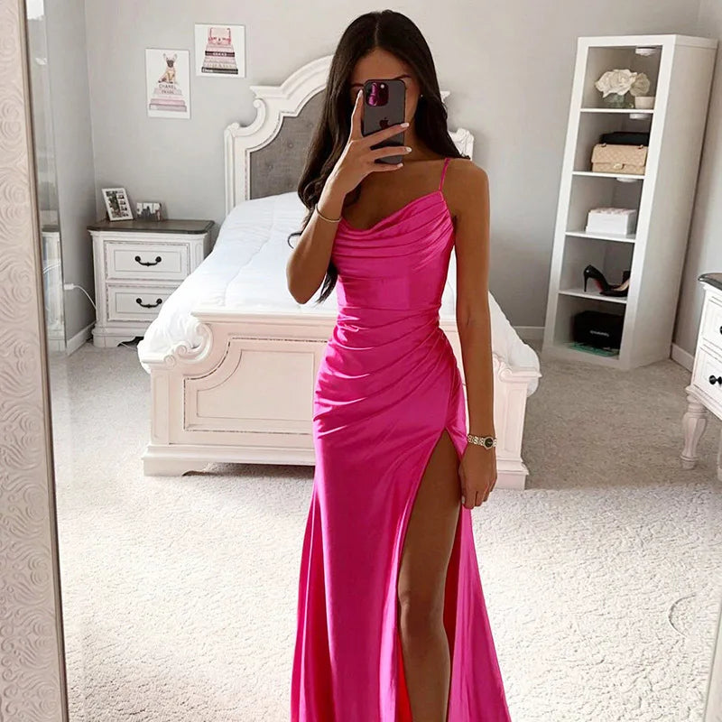 Women's Spring New Bra Shrink Pleated Split Satin Dress Sexy Slim Fit Wrap Hip Dress