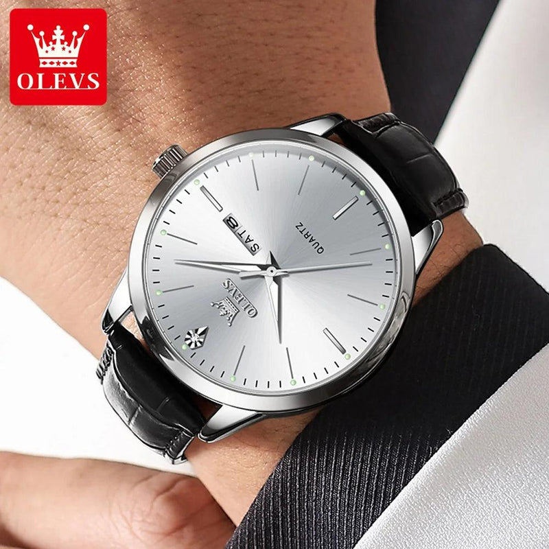 OLEVS Top Original Quartz Watches for Men Simplicity Dual Calendar Large Dial Leather Strap Waterproof Luminous Men's Wristwatch - CRAVO ROSE