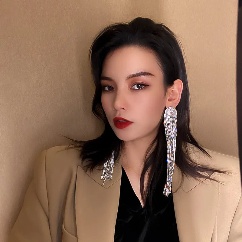 Long Tassel Rhinestone Drop Earrings for Women Oversize Crystal Dangle Earrings Fashion Wedding Jewelry Gift