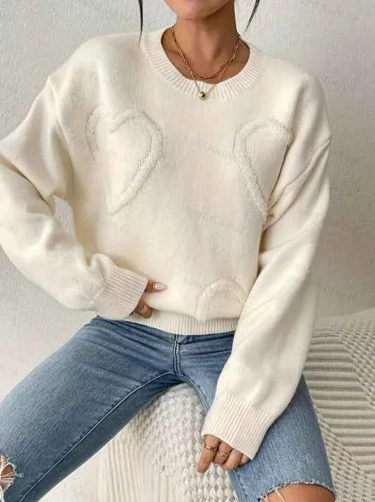 Women's Oversize Knitted Sweater round Neck Heart Patchwork Valentine's Day Theme Autumn Winter Fashion Simple Style Top