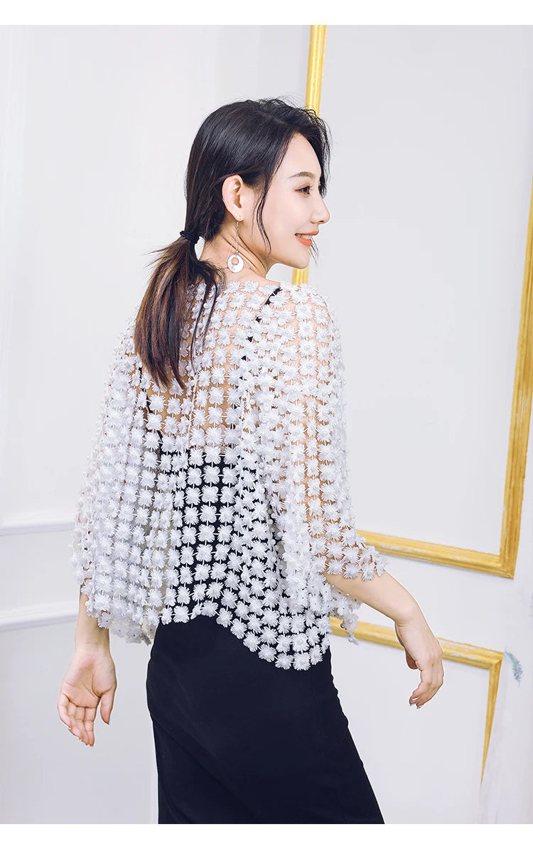 Women Beads Coat 2025 Summer Style Women Perspective Shawl Fashion Hollow Out Lace Boleros Short Sleeve Coats Jackets Femal