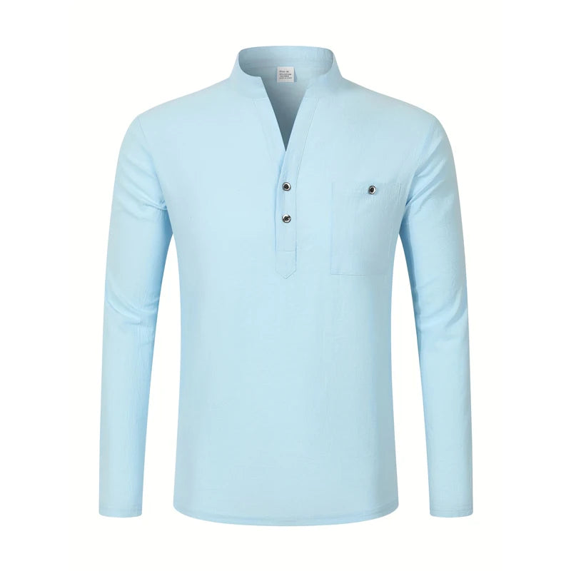 Men's Lightweight Shirts Long Sleeve Henley Cotton Linen Shirts for Male Beach Hawaiian V-neck Top Breathable Polo Shirts top
