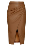 Women Midi Leather Skirt Sexy Split High Waist Zipper PU Front Slit Skirts Ladies Black Faux Leather Folded Skirt For Women