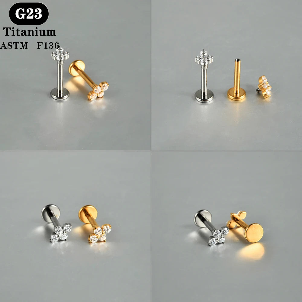 1PC ASTM F136 Titanium Zircon Flat Back Earring Flower Ear Studs Lobe Helix Tragus Cartilage Piercing Jewelry 16G