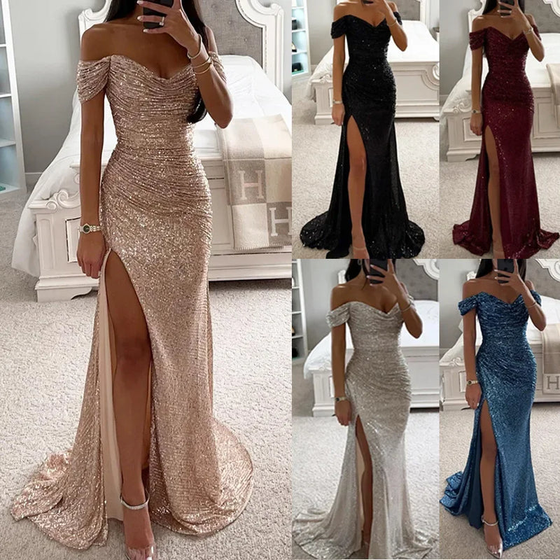 Women New Party Sequins Strapless Split Dress Casual Fashion Dress Solid Color High Waist Floor Length