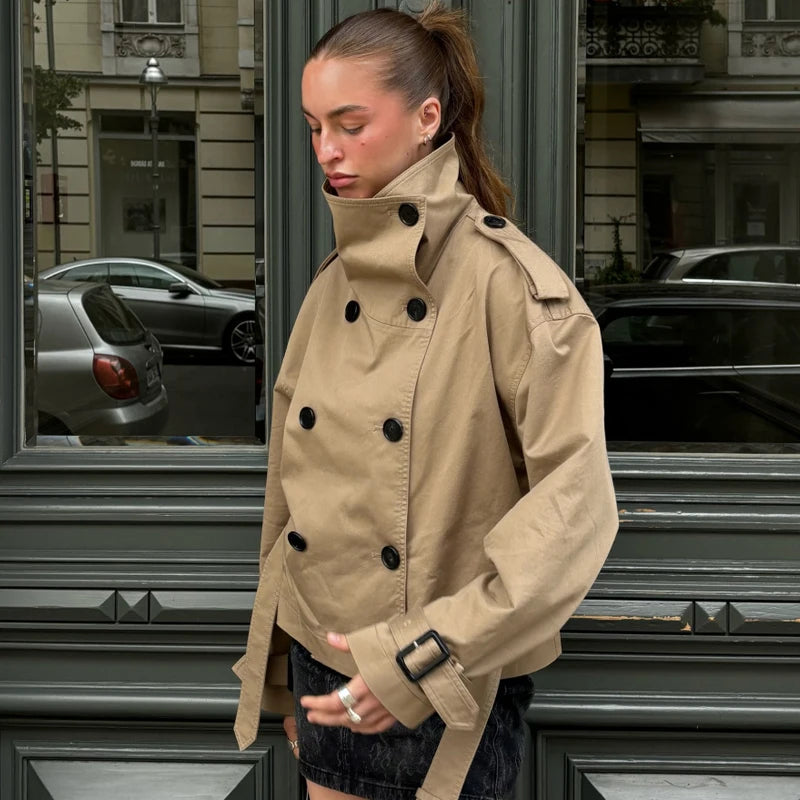 HXAO Crop Khaki Windbreaker Women's Jacket Autumn Fashion Stand Collar Long Sleeve Trench Coat Double-Breasted Belt Outerwears