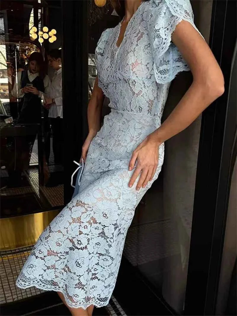 Women's Dress 2026 Summer New Solid Color Short Sleeve V-neck Lace Waistband Long Dress Elegant and Stylish Fashionable