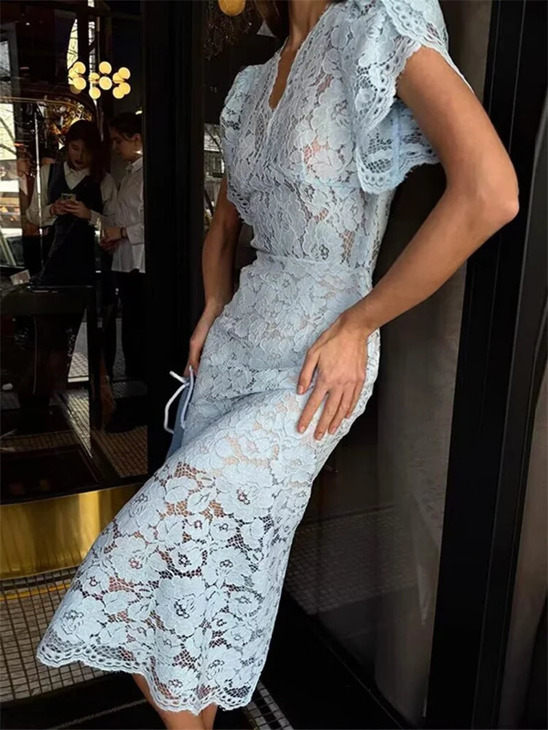 Women's Dress 2026 Summer New Solid Color Short Sleeve V-neck Lace Waistband Long Dress Elegant and Stylish Fashionable