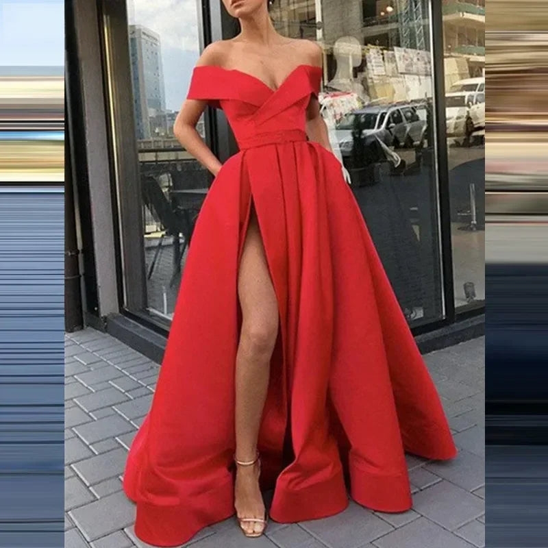 Women's Long Loose Maxi Dress Summer Deep V-neck Solid Color Satin High Split Strapless Short Sleeve Dress