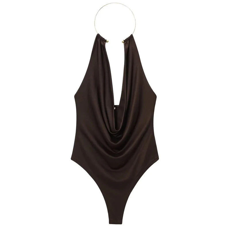 HXAO Bodysuit Women Summer Corset Slimming Body Off Shoulder Halter Sexy Body Ruched White Bodysuit Backless Brown Body Swimwear