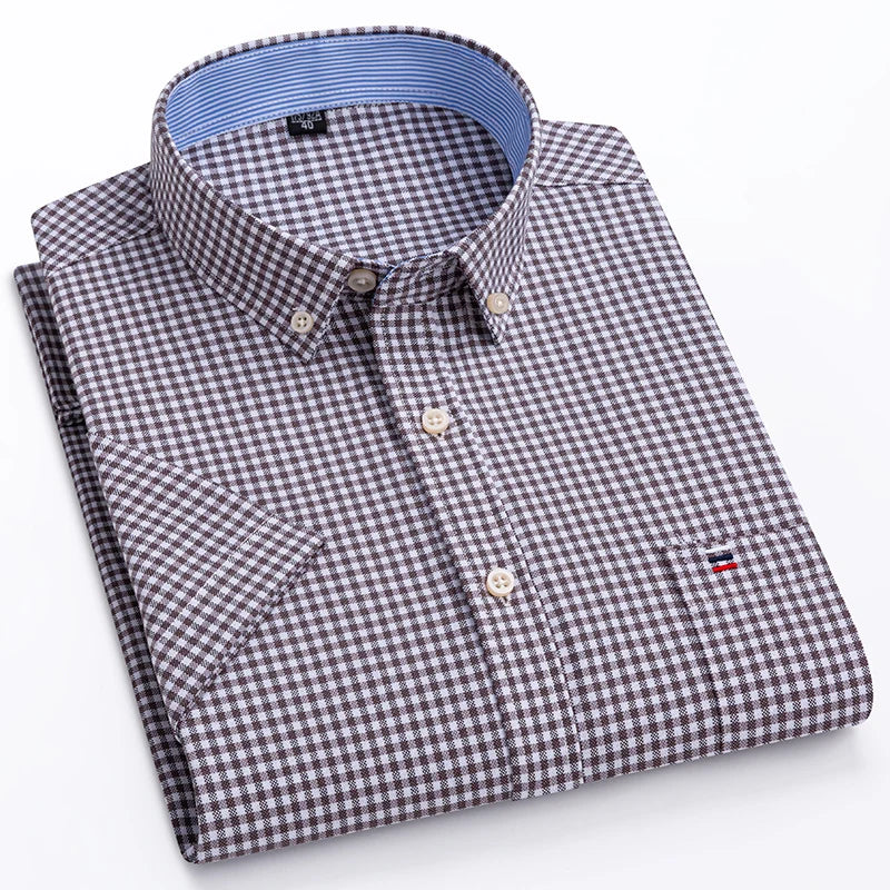 Men's Pure Cotton Oxford Short Sleeve Summer Casual Shirts Comfortable Standard-fit Button-down Plaid Solid Color Cotton Shirt