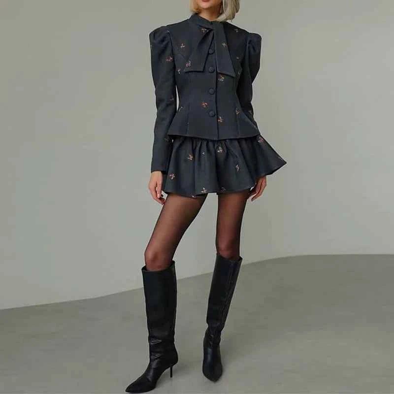 Vintage Printed Long Sleeve Shirts And Skirts Sets Elegant Lady Pleated Mini Skirts Sets Spring Summer New High Waist Skirts Set